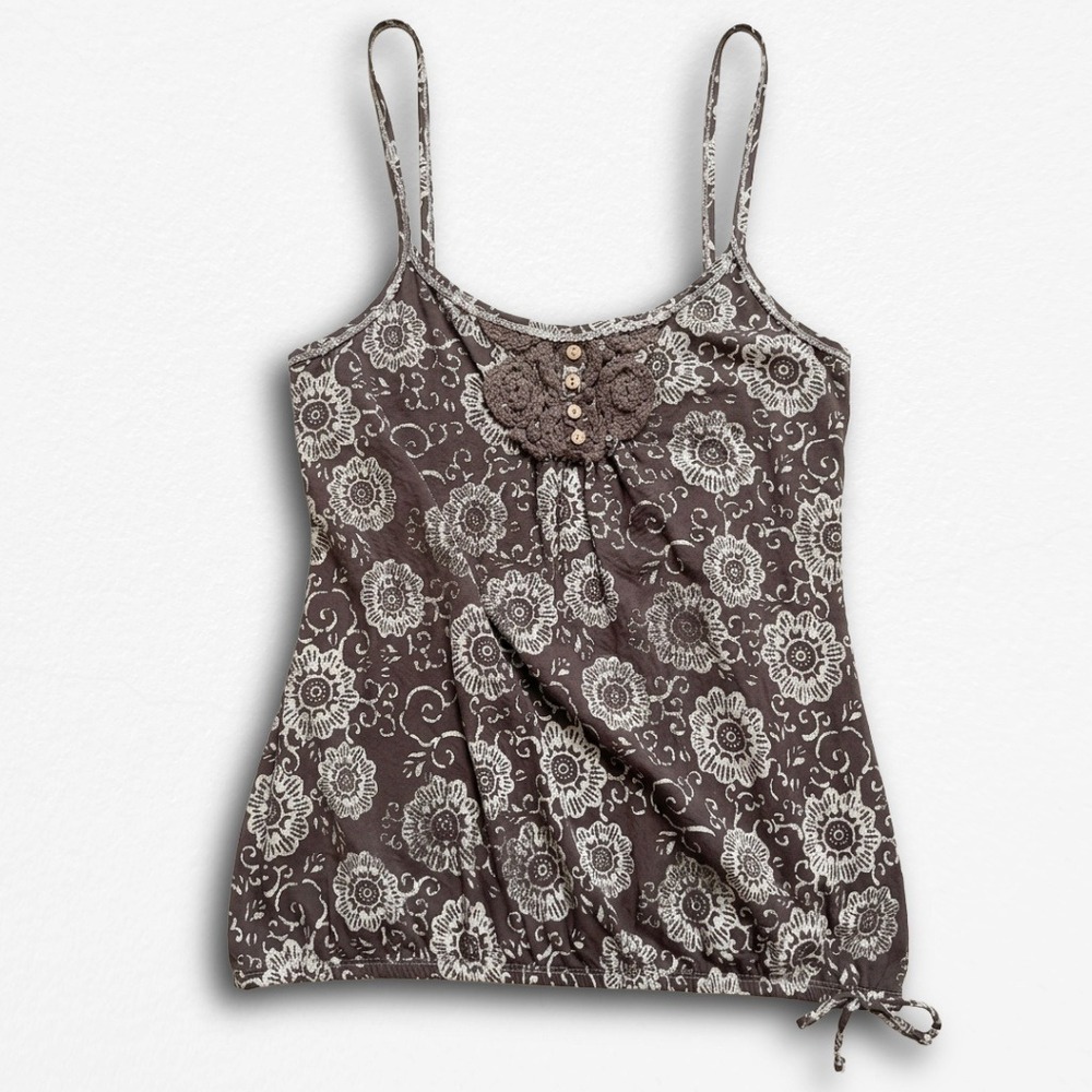 Sugar Tart Y2K Brown Floral Crochet Cami Bubble Hem Tank Top Juniors Large
